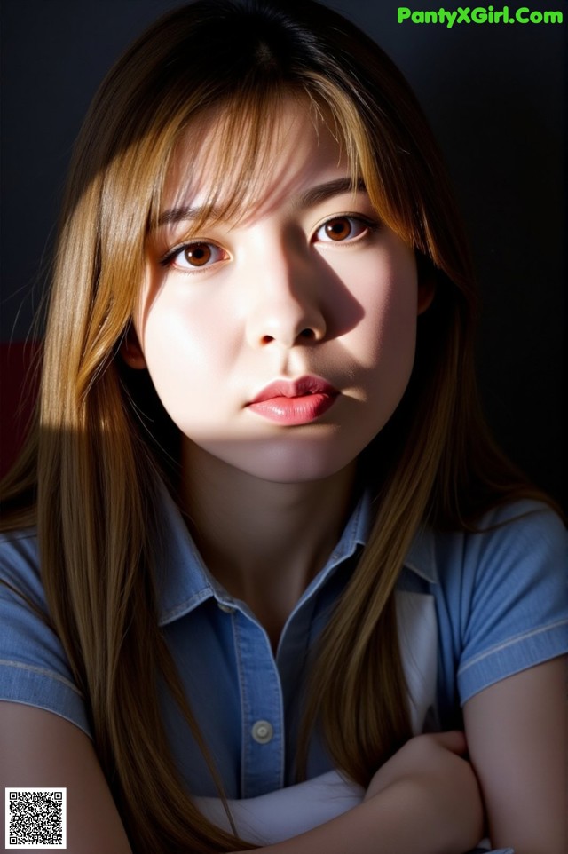 A woman with long brown hair and a blue shirt.
