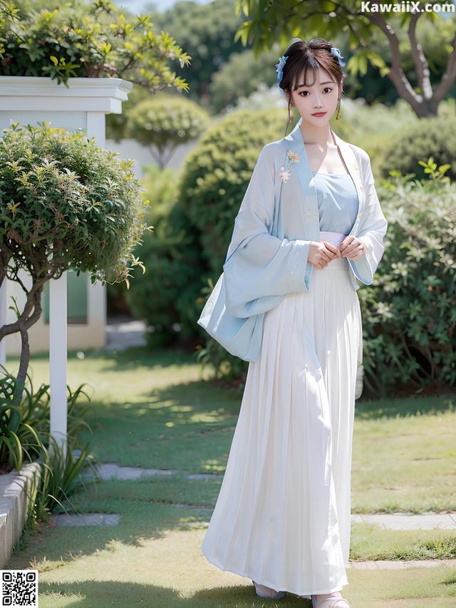 A woman in a blue and white hanbok standing in a garden.