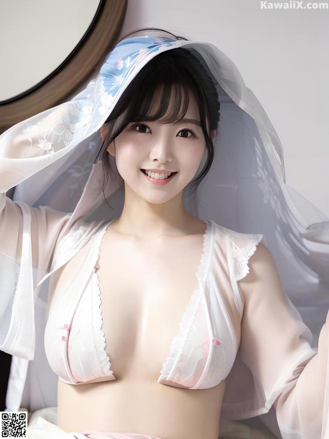 A woman in a white and pink lingerie posing for a picture.
