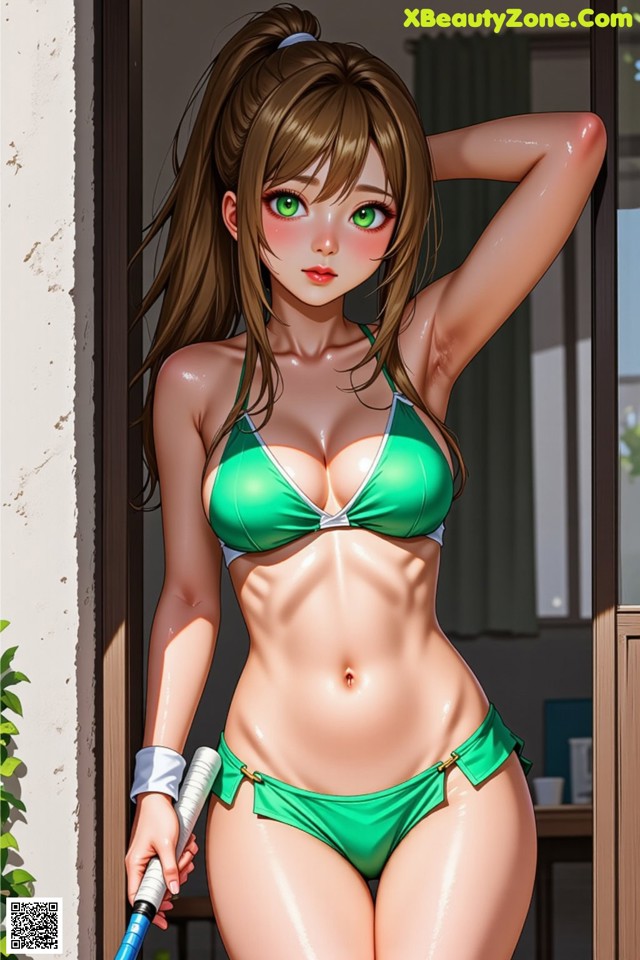 A woman in a green bikini holding a tennis racket.