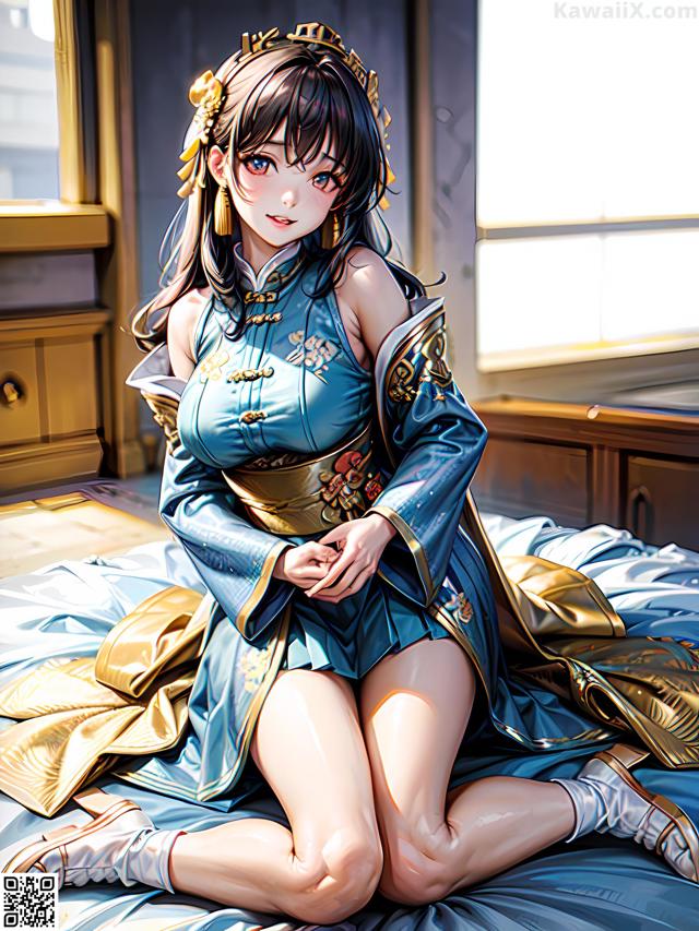 A woman in a blue dress sitting on a bed.